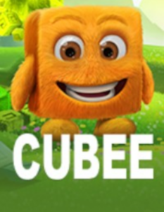 Cheerful orange cube mascot with big eyes and a wide smile, standing in a green outdoor scene, with bold white text reading 'CUBEE' at the bottom. InetBet