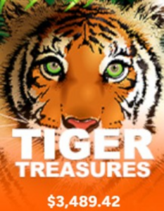 Tiger Treasures KudosTiger-themed promo graphic with the tiger's face and bold text reading 'TIGER TREASURES' over a prize amount of ,489.42.
