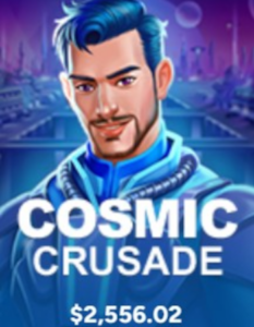 TOC Illustrated game cover for Cosmic Crusade with a blue-haired male hero and the text 'COSMIC CRUSADE' and '