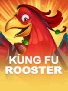 Cartoon red kung fu rooster with yellow beak against a fiery background, the bold white title 'KUNG FU ROOSTER' theonline.casino free spins