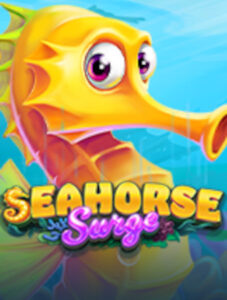 Bright cartoon seahorse swimming underwater with the game title 'Seahorse Surge' in bold yellow and pink lettering Week 3 free spins kudos.casino