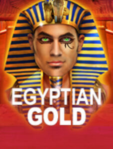 Close-up of a man’s face wearing a blue-and-gold pharaoh headdress, green eyes with a facial tattoo, desert temple backdrop, and the title ‘Egyptian Gold’ week 3 free spins theonline.casino
