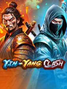 Two stylized warriors back-to-back—one in fiery orange armor, the other in icy blue hooded ninja—behind the bold 'Yin Yang Clash' logo week 3 frrr spins SunnySpins.casino